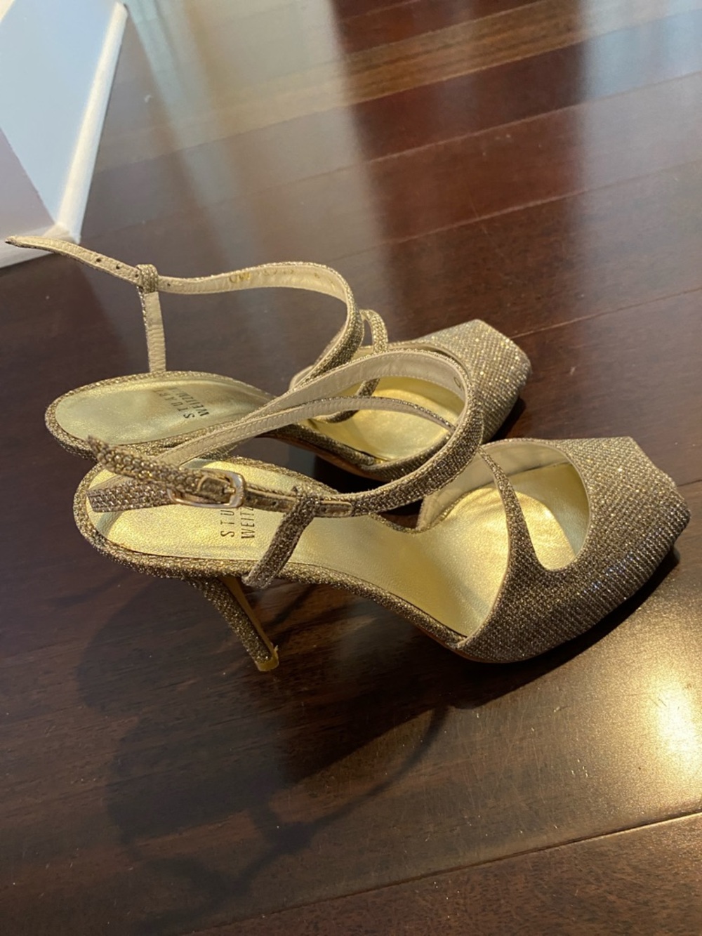 Stuart Weitzman Gold Glitter Open-Toe Strappy Heels - Picture 4 of 8
